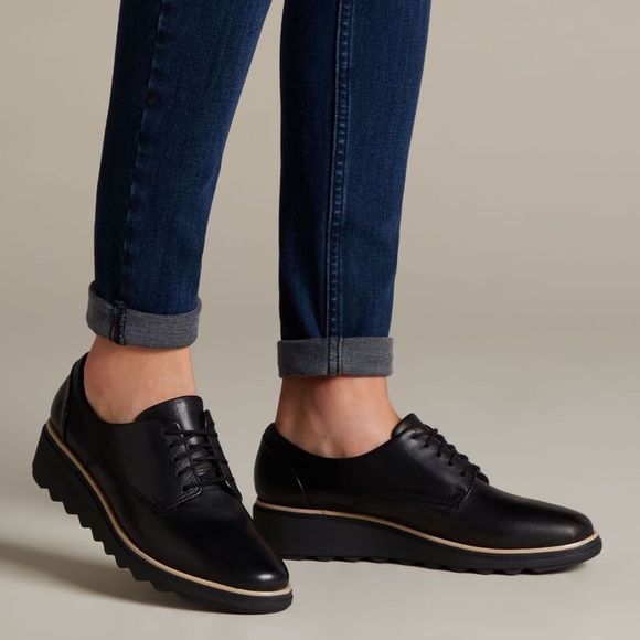 Clarks Shoes - Clarks Sharon Noel Black Leather Lace Up Platform Oxford Shoes Dark Academia
